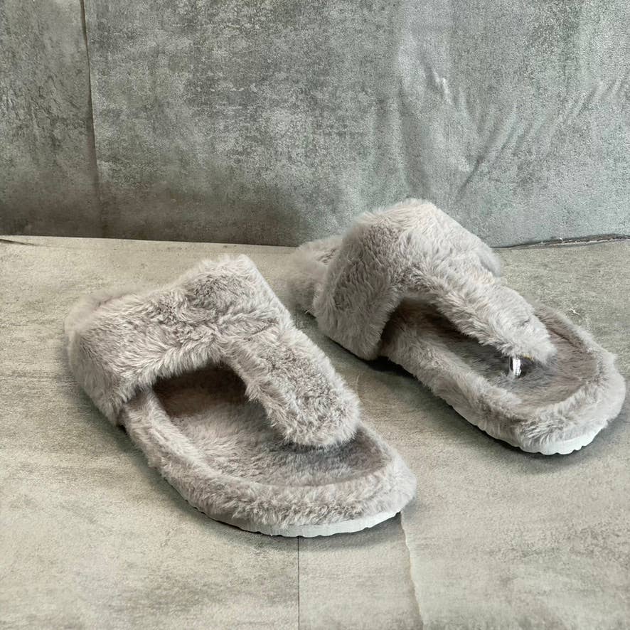 OLIVIA MILLER Women's Gray Faux-Fur Chloe T-Strap Thong Slip-On Slippers SZ 9