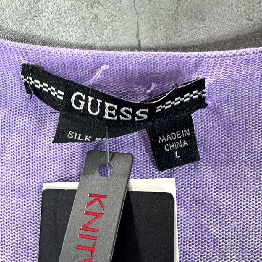 GUESS Women's Lilac Forever Sandra V-Neck Drop-Shoulder Ribbed-Hem Sweater SZ L
