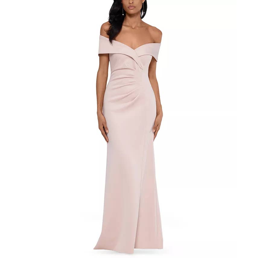 XSCAPE Women's Blush Pink Off-The-Shoulder Sweetheart Neck Ruched Gown SZ 6