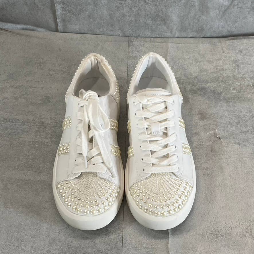 INC Women's White Imitation Pearl Embellished Alleni Lace-Up Sneakers SZ 5.5