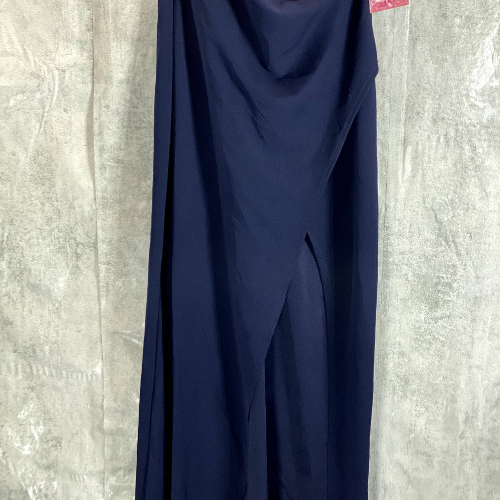 EMERALD SUNDAE Juniors' Navy Surplice V-Neck High-Slit Adjustable Straps Gown