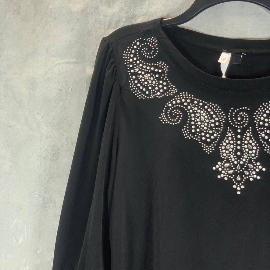 NY COLLECTION Women's Black Rhinestone Scoop-Neck Elbow Sleeve Crepe Top SZ L