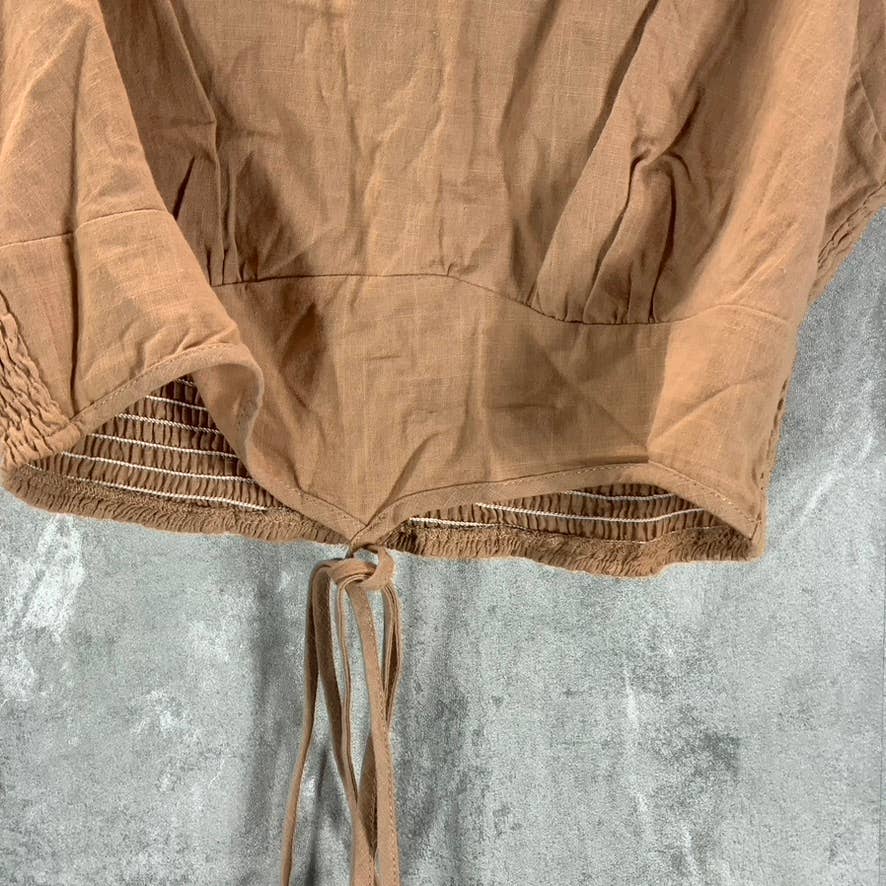 AND NOW THIS Women's Almond Crewneck Sleeveless Tie-Waist Smocked Back Top SZ M