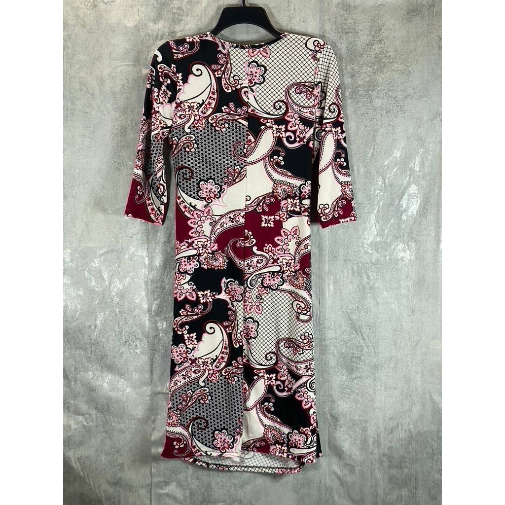 24SEVEN Comfort Apparel Women's Burgundy Printed Faux-Wrap 3/4 Sleeve Dress SZ M