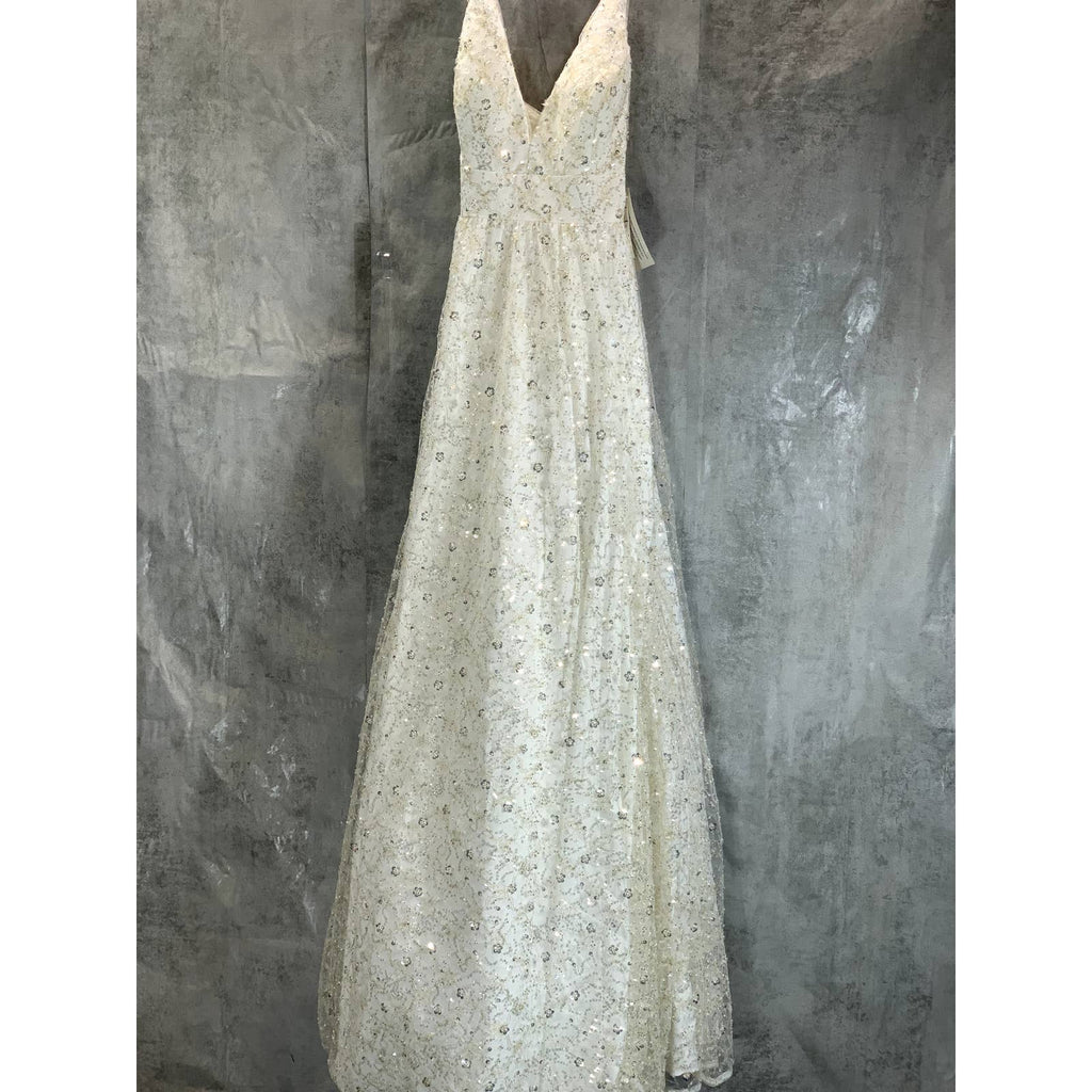 AIDAN By AIDAN MATTOX Women's Ivory Embroidered V-Neck Spaghetti Strap Ball Gown