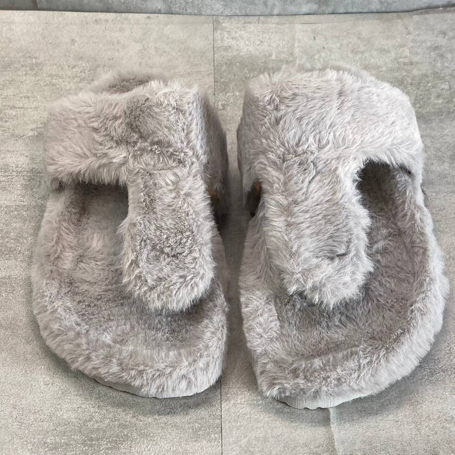 OLIVIA MILLER Women's Gray Faux-Fur Chloe T-Strap Thong Slip-On Slippers SZ 9