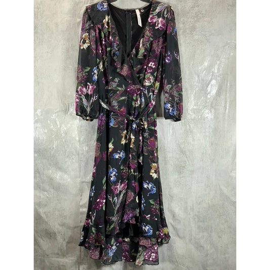 NY COLLECTION Women's Black-Plum Floral 3/4 Sleeve Tie-Waist Ruffle Dress SZ M