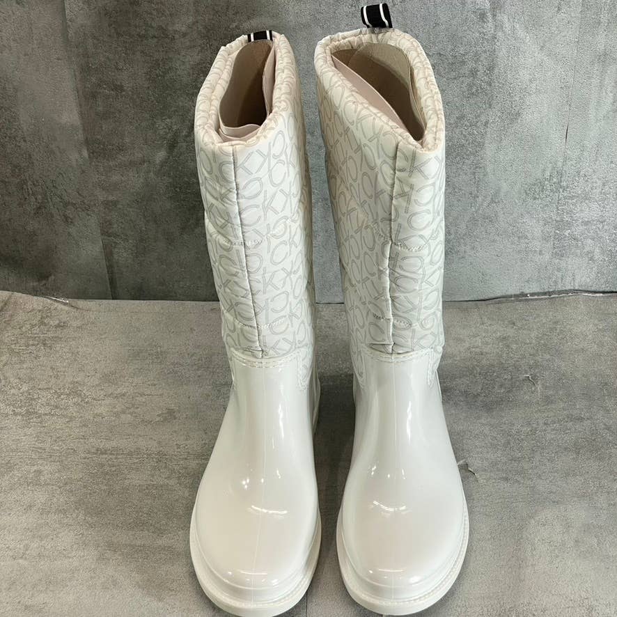 CALVIN KLEIN Women's White Suli Logo Nylon Lug Sole Block-Heel Tall Rain Boots