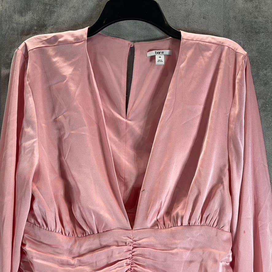 BAR III Women's Cupid Blush V-Neck Ruched Smocked Cuff Long-Sleeve Blouse SZ 14