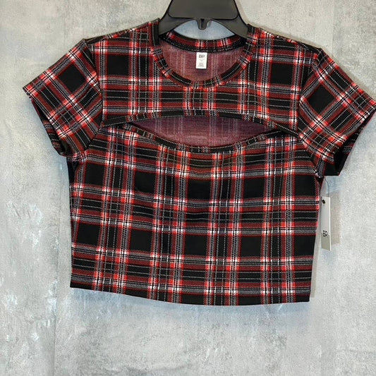 BP. Women's Black-Red Aurora Plaid Crewneck Cutout Short Sleeve Top SZ M