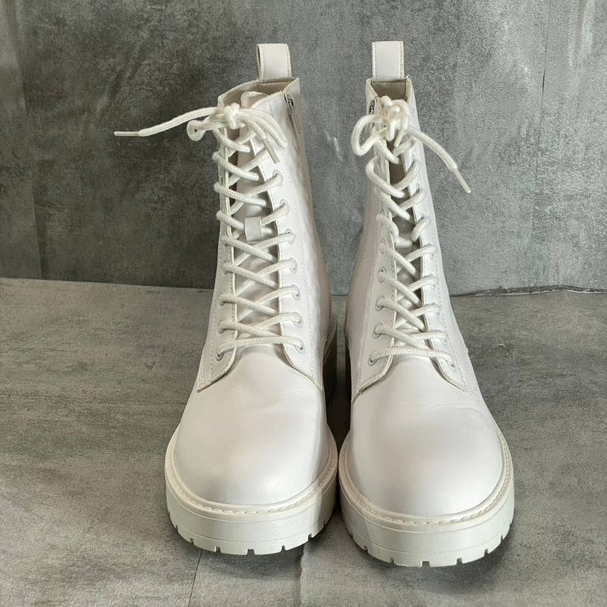 OLIVIA MILLER Women's White Crystal Lug Sole Side-Zip Lace-Up Combat Boots SZ 10
