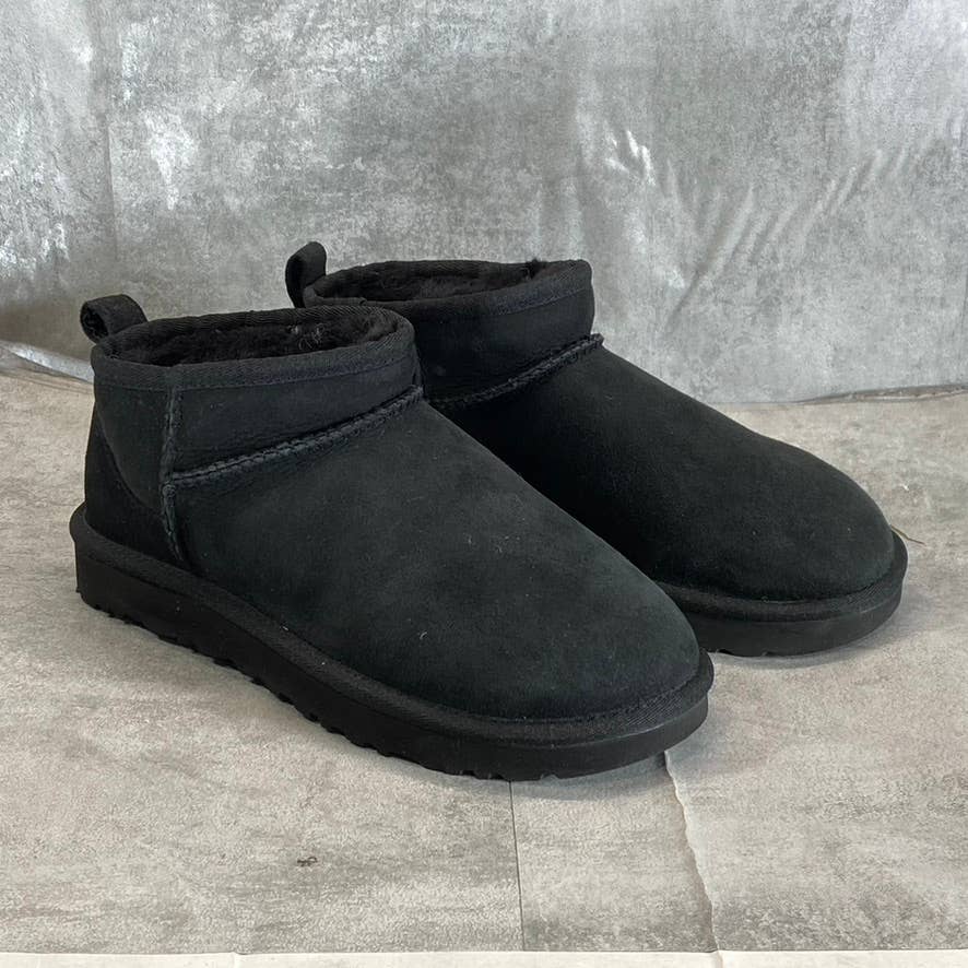 UGG Women's Black Suede/Fur Classic Ultra Mini Round-Toe Slip-On Booties SZ 7