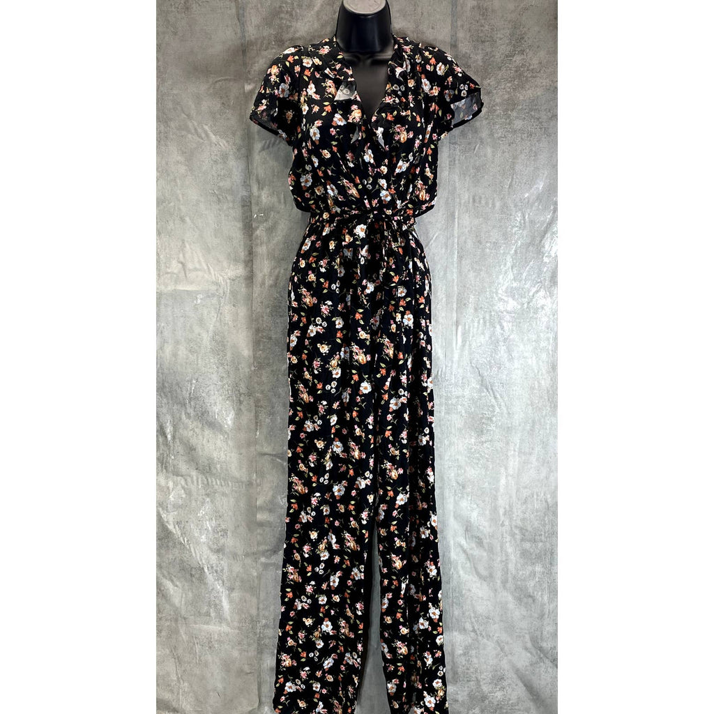 KINGSTON GREY Juniors' Black Floral Ruffle V-Neck Tie-Waist Pant Jumpsuit SZ S
