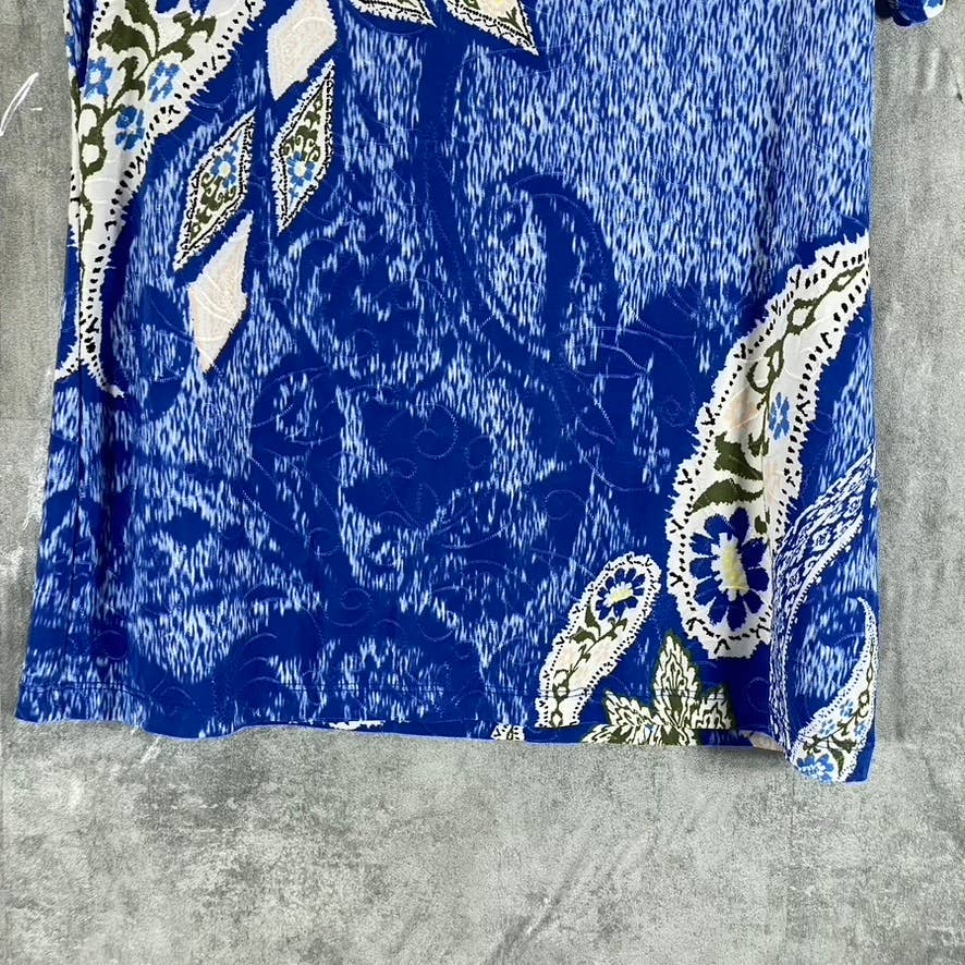 JM COLLECTION Women's Blue Printed Jacquard Knit Scoop-Neck Short-Sleeve Top SZS