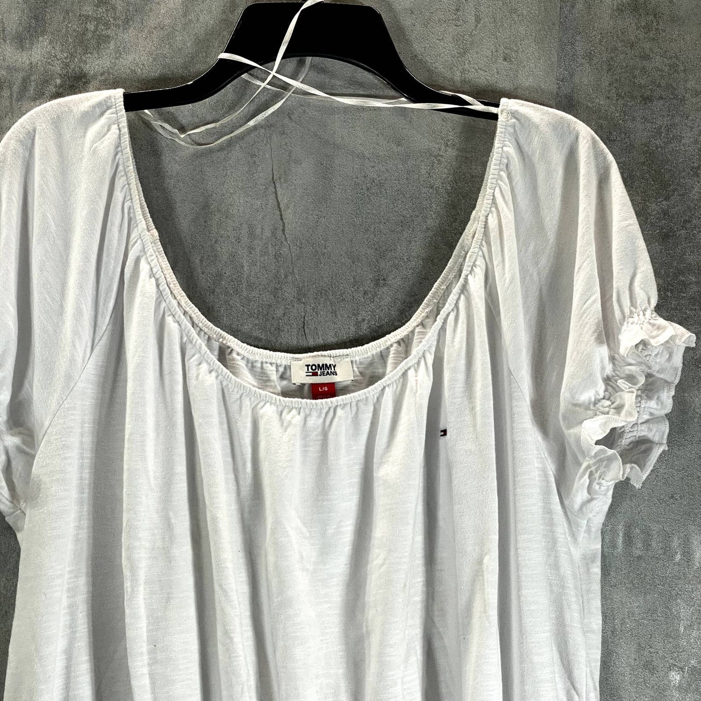 TOMMY JEANS Women's White Smocked Scoop-Neck Short Sleeve Peasant Top SZ L