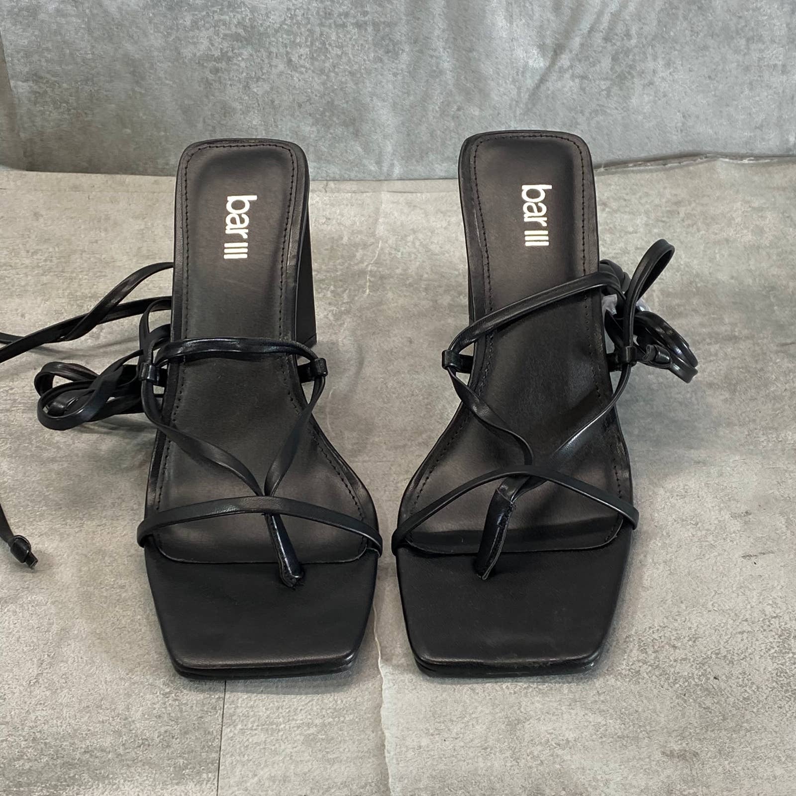 BAR III Women's Black Smooth Alana Tie-Up Geo-Heel Square-Toe Sandals SZ 8