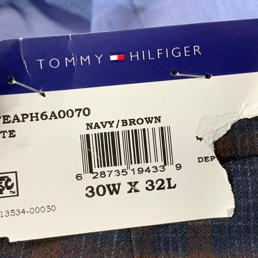 TOMMY HILFIGER Men's Navy-Brown Plaid TH-Flex Stretch Modern-Fit Pants SZ 30X32