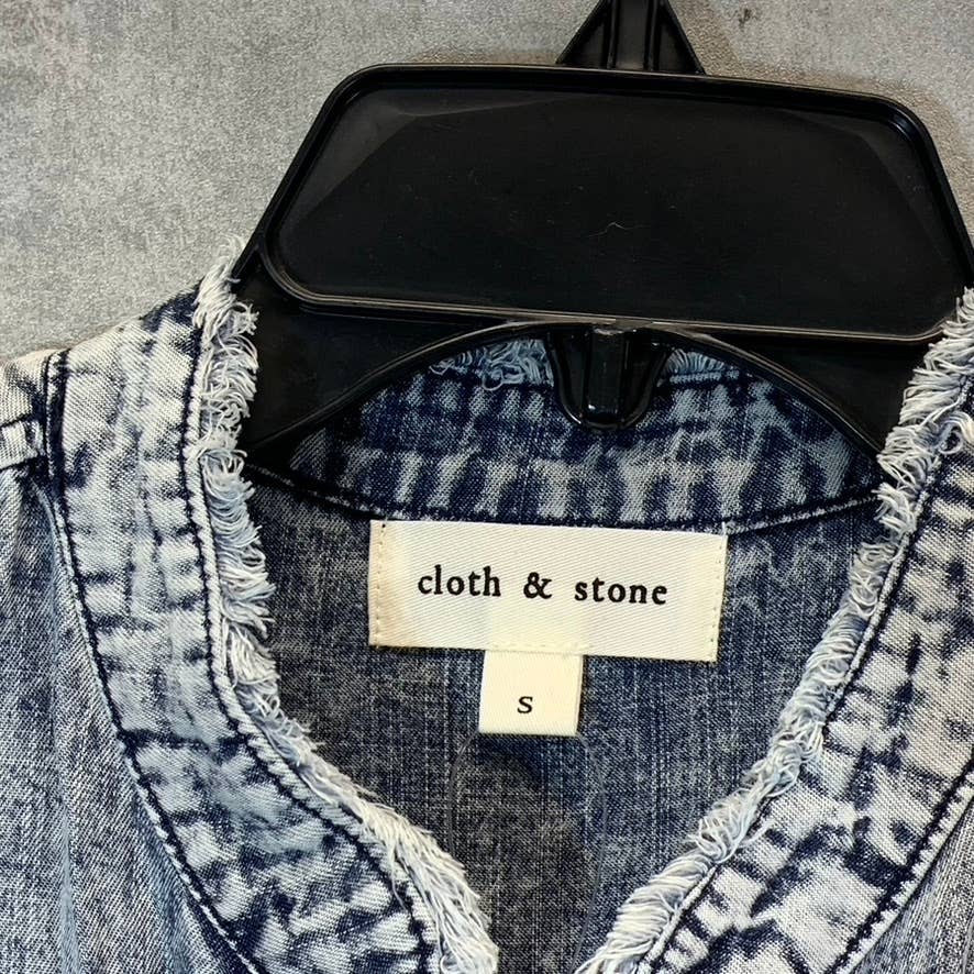 CLOTH & STONE Women's Acid Wash Frayed Banded Collar Button-Up Long Sleeve Mini Shirt Dress SZ S
