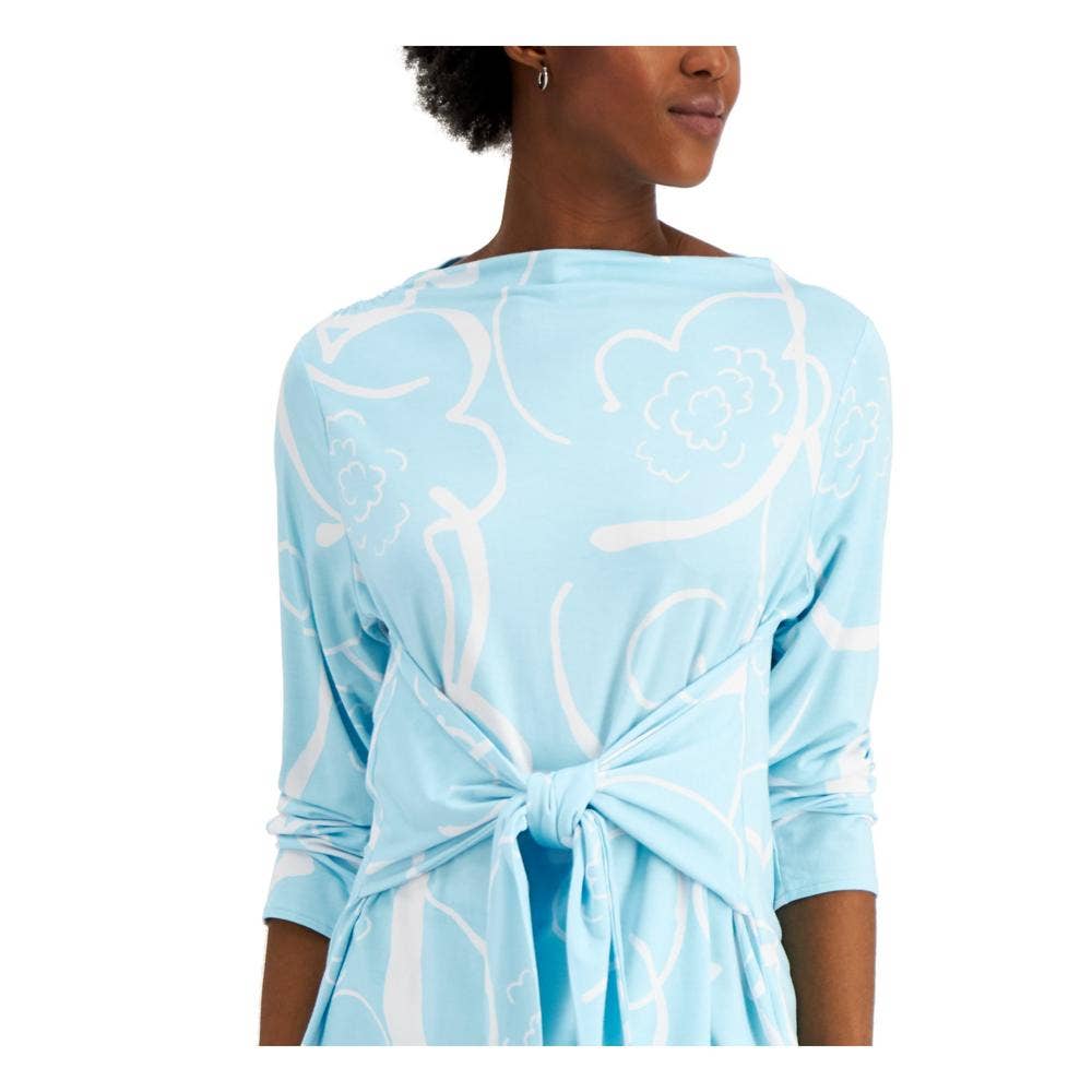ALFANI Women's Blue Bloom Outline Boatneck Tie-Front 3/4 Sleeve Top SZ M