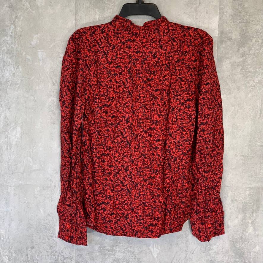 HINGE Red Printed Tie-Neck Long Sleeve Button Front Top SZ M