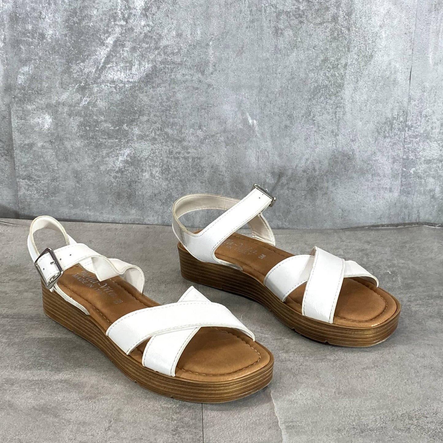 BELLA-VITA Women's White Leather Car-Italy Wedge Ankle-Strap Sandals SZ 5