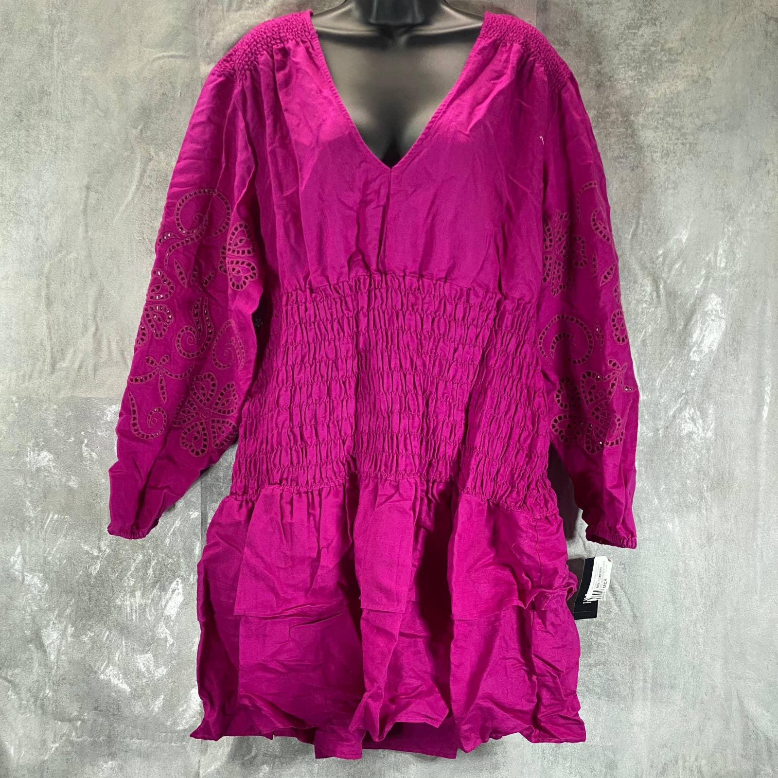 INC Women's Cranberry Rose V-Neck Smocked Eyelet Puff Long-Sleeve Mini Dress