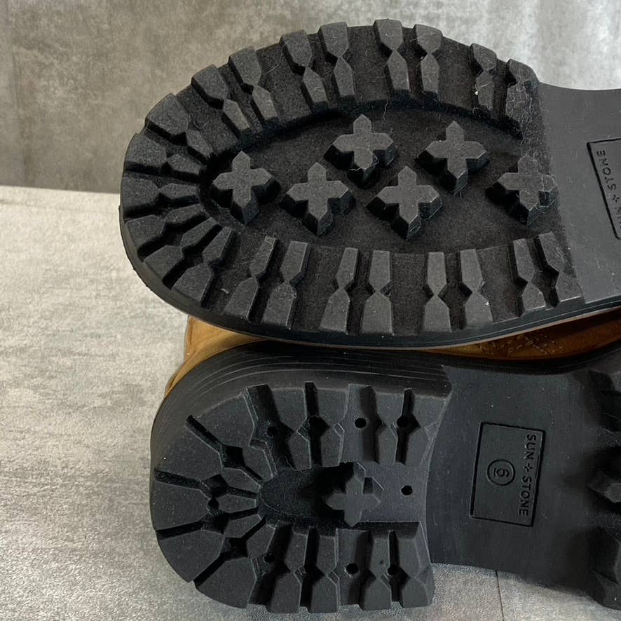 SUN+STONE Women's Tan Micro Kandy Round-Toe Lug-Sole Block-Heel Ankle Boots SZ 6