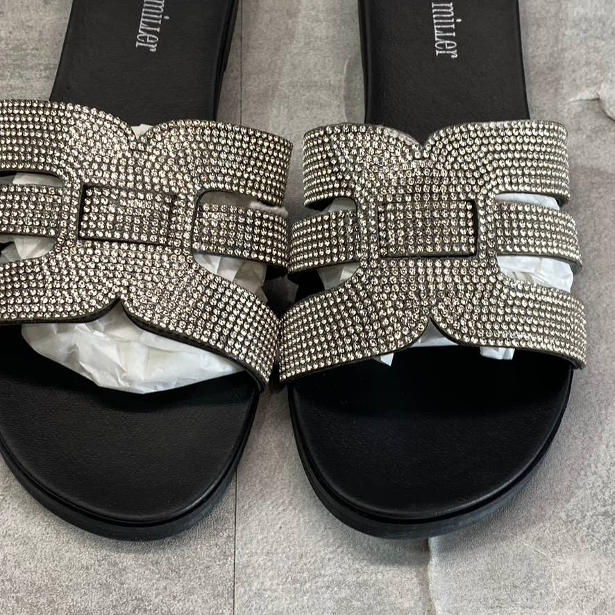 OLIVIA MILLER Women's Black Saltspring Rhinestone Embellished Strap Slide Sandals SZ 8