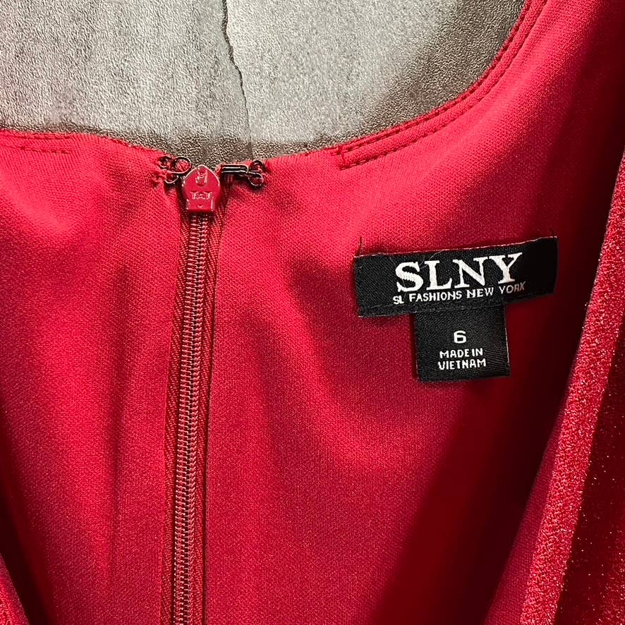 SLNY Women's Red V-Neck 3/4 Sleeve Brooch Ruching Waist Mini Dress SZ 6