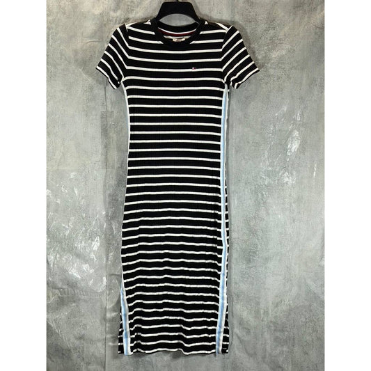 TOMMY JEANS Women's Black Striped Crewneck Bodycon Midi Dress SZ XS