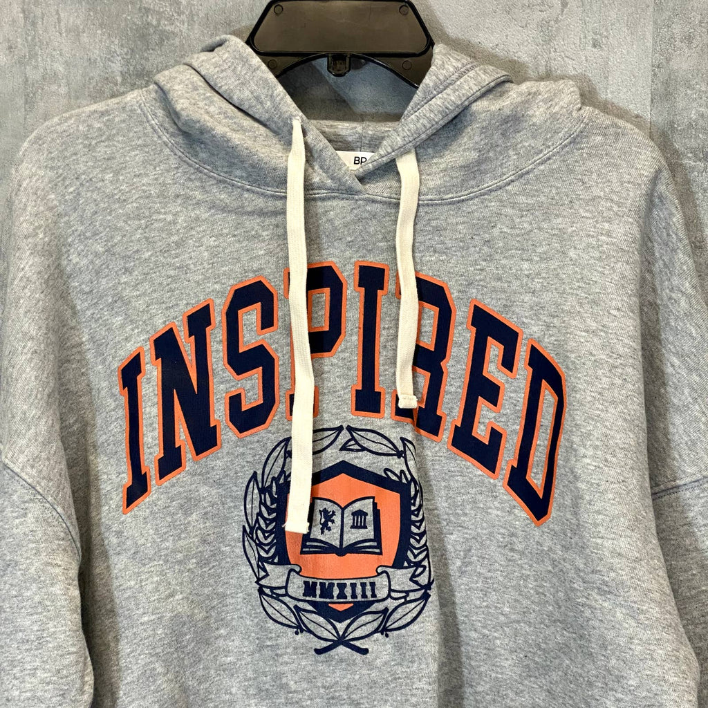 BP. Women's Grey Heather Inspired Cutoff Graphic Pullover Hoodie SZ L