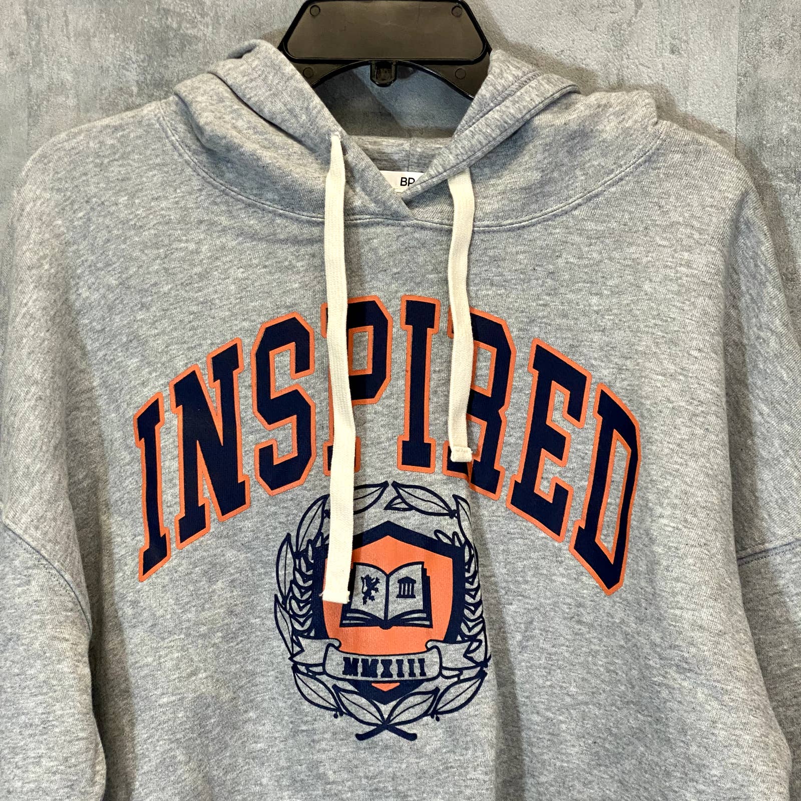 BP. Women's Grey Heather Inspired Cutoff Graphic Pullover Hoodie SZ L