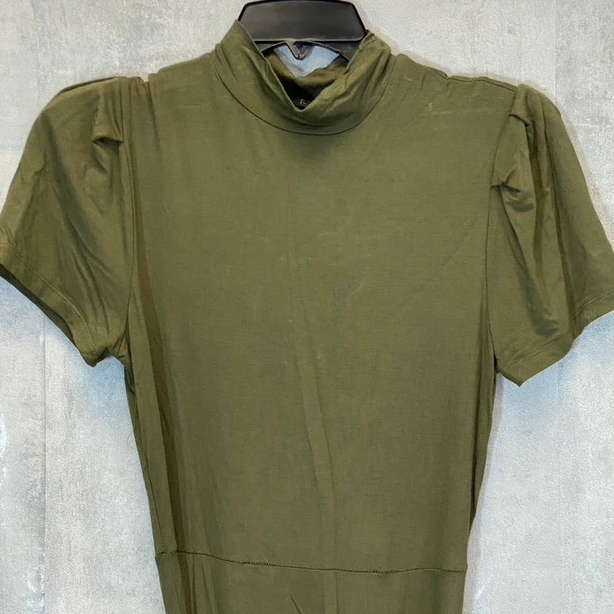 RDI Women's Olive Mock Neck Puff Short Sleeve Tie Waist Fit & Flare Mini Dress SZ S