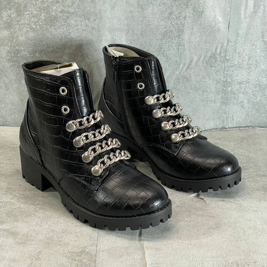 SUGAR Women's Black Croc Embossed Obvi Combat Memory Foam Block Heel Boots SZ6.5