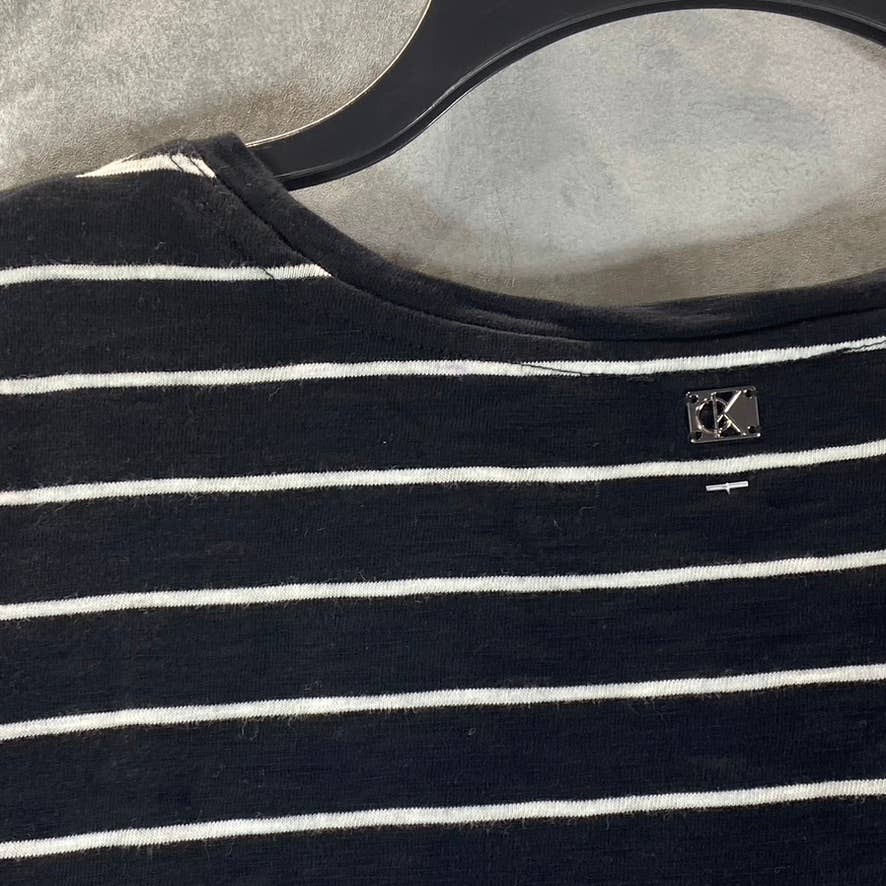 CALVIN KLEIN Women's Black Striped Crewneck Tie-Waist Short-Sleeve Top SZ XL