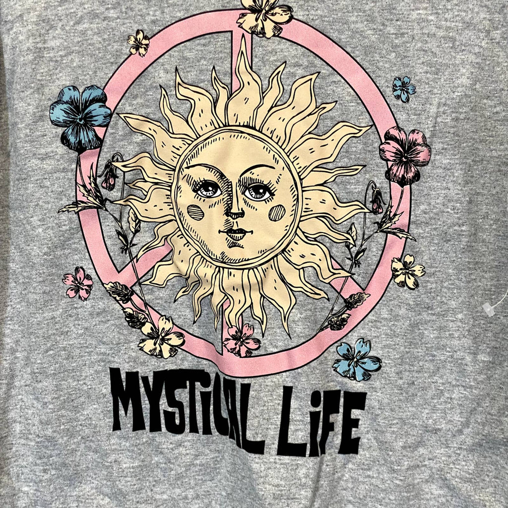 COZY ROZY Women's Heather Charcoal Graphic Crewneck Long Sleeve Raw Hem T-Shirt SZ M