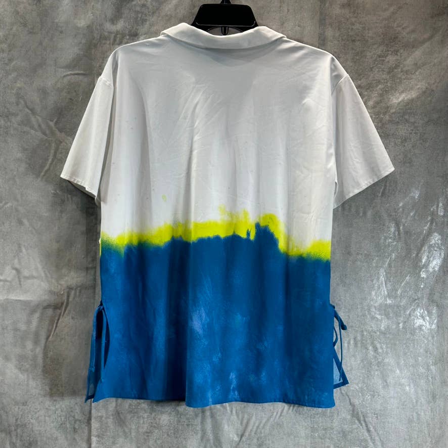 ALFANI Women's Blue Sublime Dye V-Neck Collared Short-Sleeve Tie-Waist Top SZ S