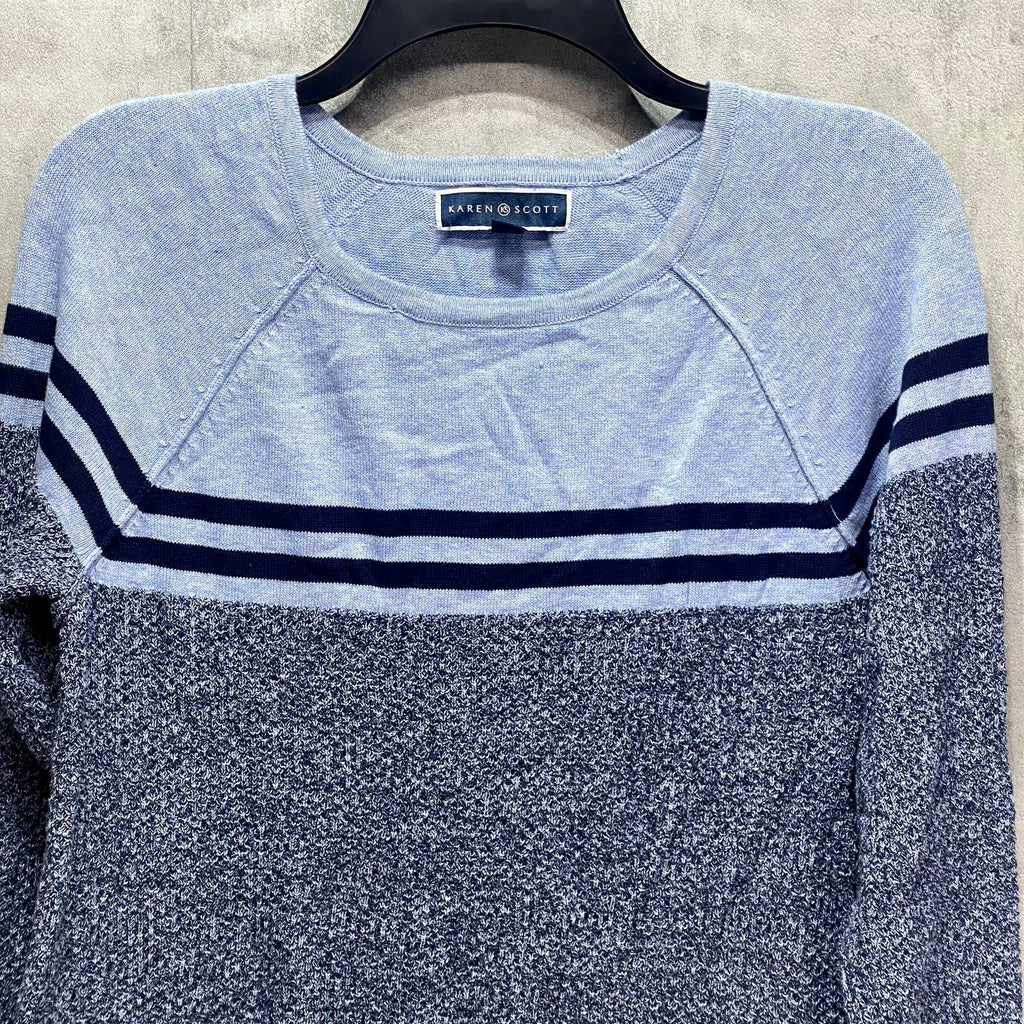 KAREN SCOTT Blue Marisa Cotton Colorblock Textured Curve-Hem Pullover Sweater SZ S