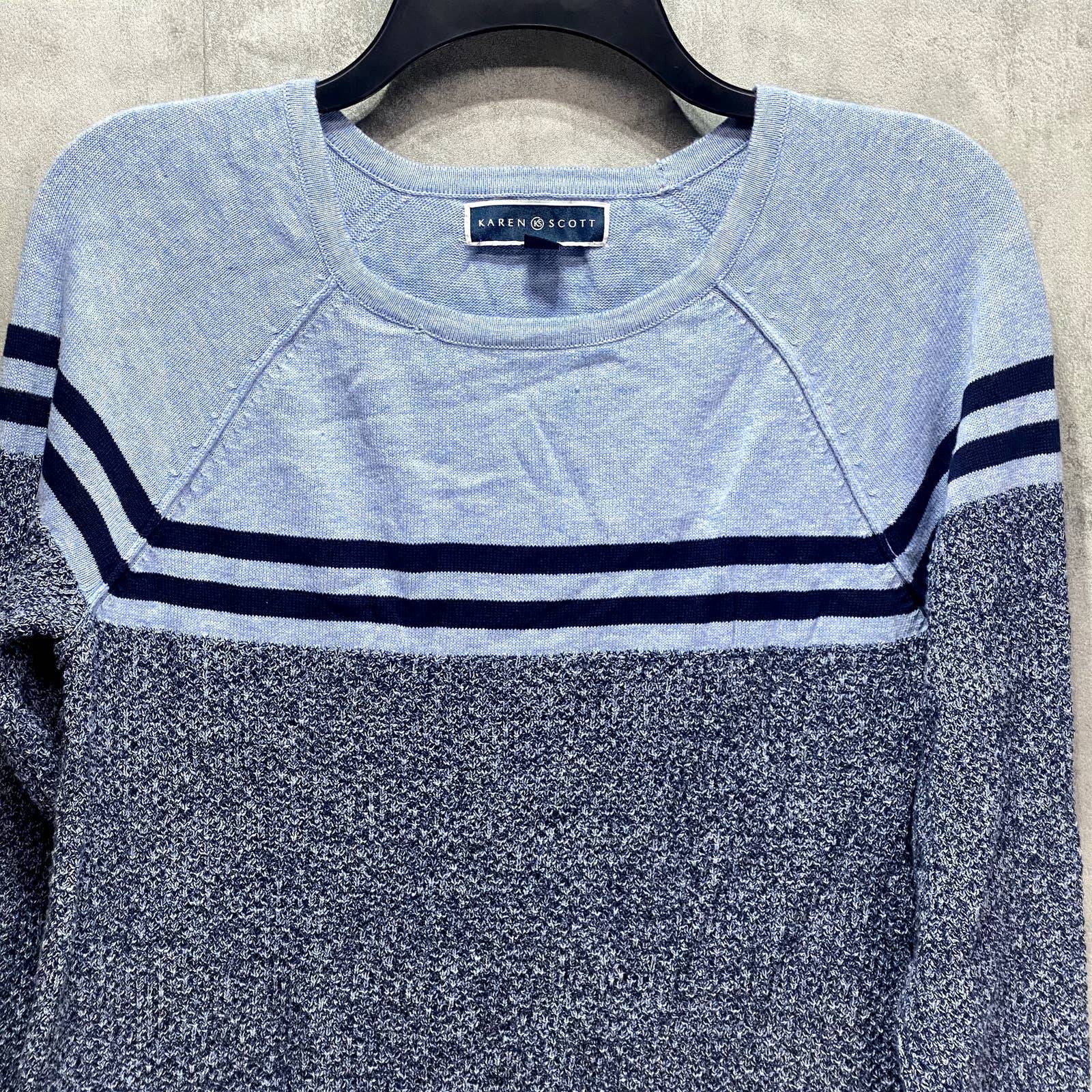 KAREN SCOTT Blue Marisa Cotton Colorblock Textured Curve-Hem Pullover Sweater SZ S