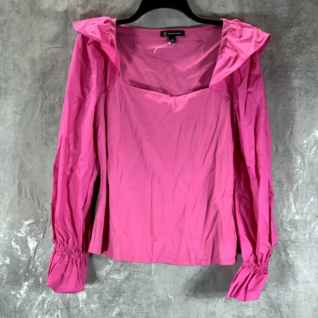 INC INTERNATIONAL CONCEPTS Women's Bright Peony Square-Neck Ruffled Top SZ M