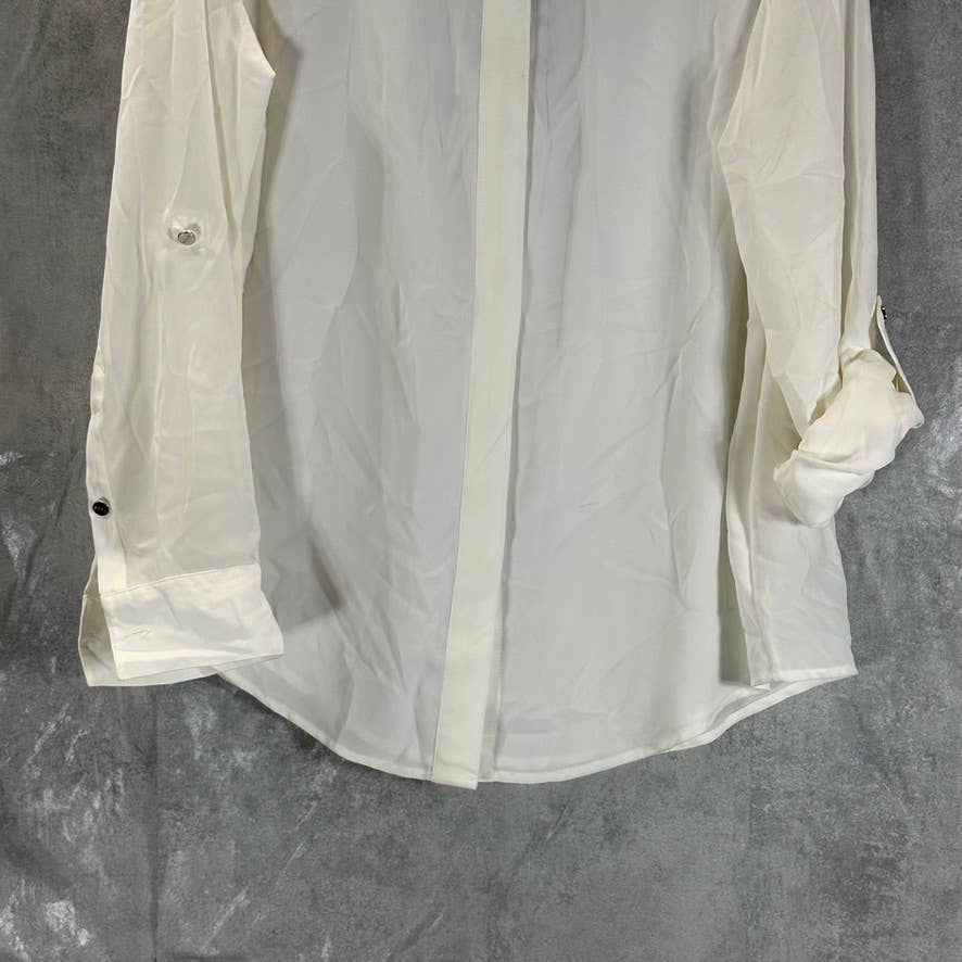 DKNY Women's Ivory Cuffed-Sleeve Hidden-Placket Top SZ L
