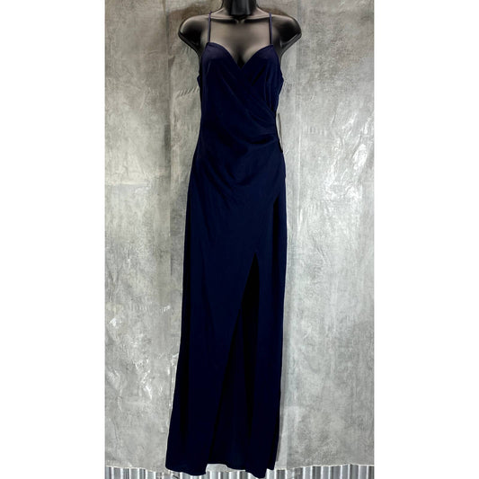 EMERALD SUNDAE Juniors' Navy Surplice V-Neck High-Slit Adjustable Straps Gown