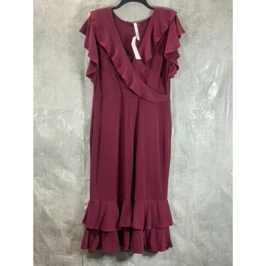 NY COLLECTION Women's Deep Burgundy Ruffle Faux-Wrap Flutter Sleeve Midi Dress L