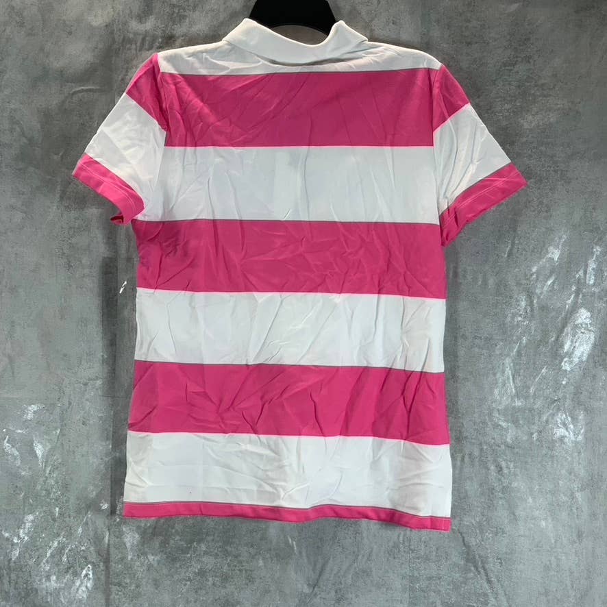 TOMMY HILFIGER Women's Pink-White Striped Pique Short-Sleeve Polo Top SZ M