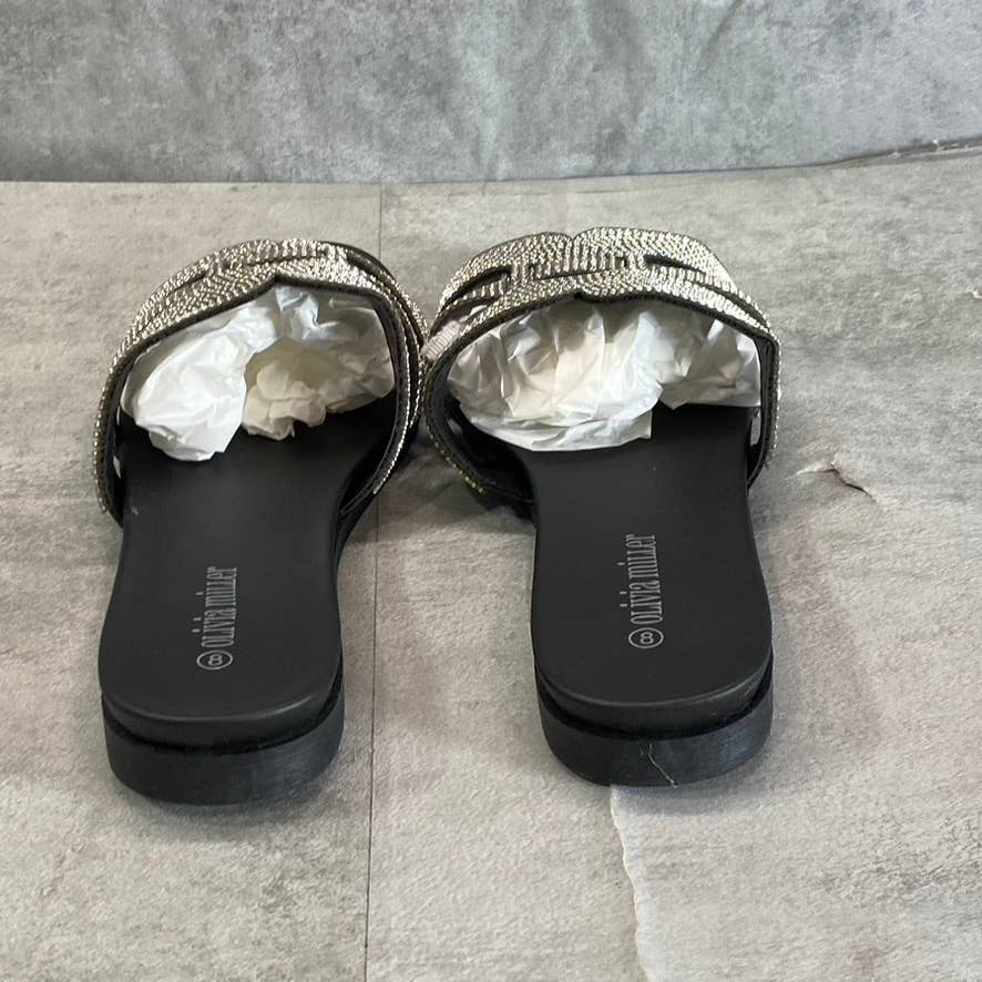 OLIVIA MILLER Women's Black Saltspring Rhinestone Embellished Strap Slide Sandals SZ 8