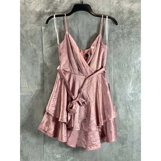 B. DARLIN Juniors' Rose Blush Satin V-Neck Faux-Wrap Tiered Mini Dress SZ 1/2