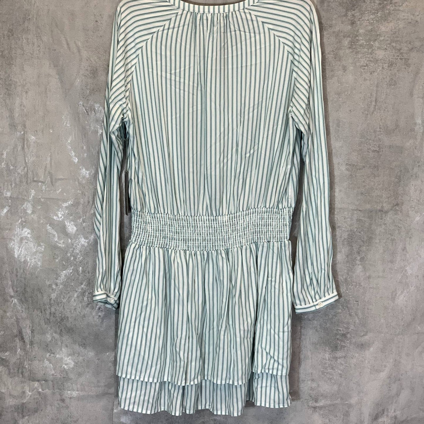 TART Collections Women's Green Stripe Sheila Smocked Waist Long Sleeve V-Neck Mini Dress SZ M