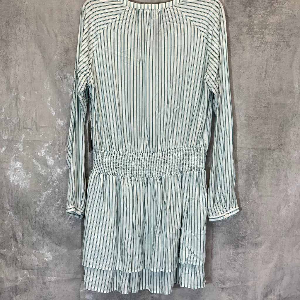 TART Collections Women's Green Stripe Sheila Smocked Waist Long Sleeve V-Neck Mini Dress SZ M