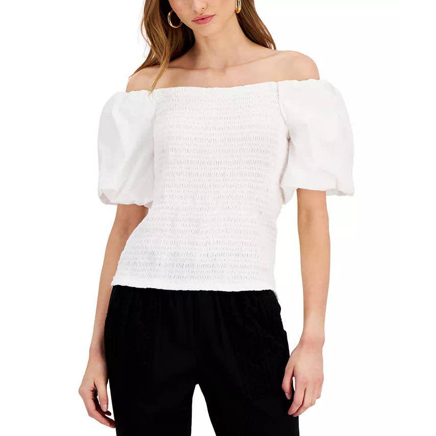 INC INTERNATIONAL CONCEPTS Women's Washed White Smocked Puff-Sleeve Top SZ XL