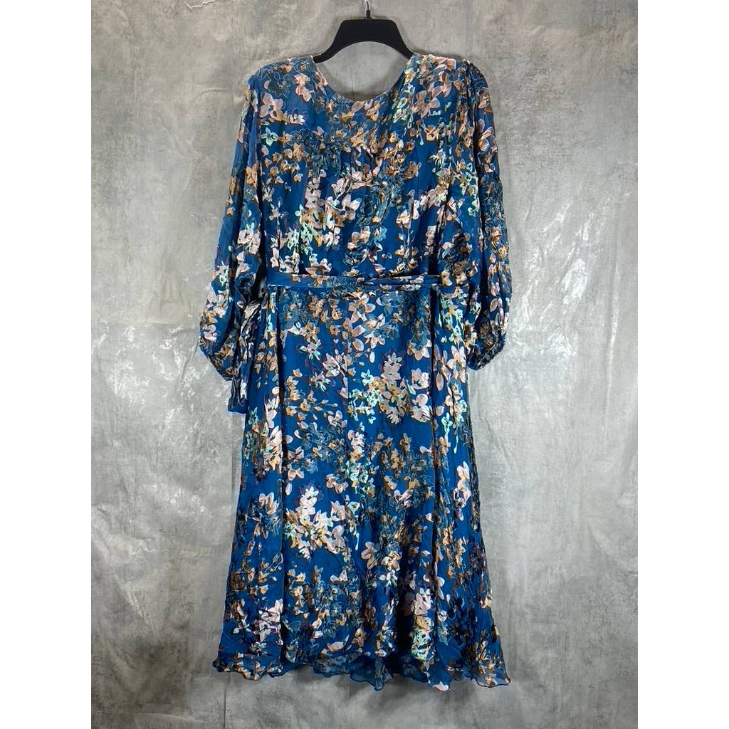 MAREE POUR TOI Women's Plus Size Blue Floral Burnout Silk3/4 Sleeve Wrap Dress